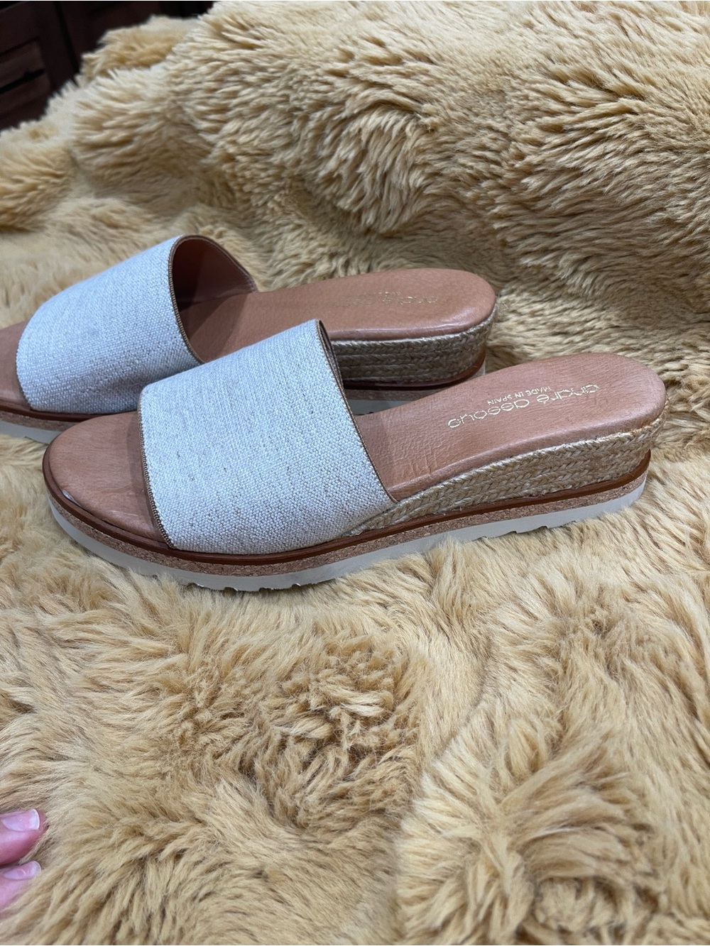 Andre Assous Beige Fabric Slide Wedges